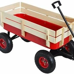 Flash Sale 🛒 Sanch Ancha Heavy Duty Steel Wooden Side Support Cargo Wagon With 10” All-Terrain Air Tires, Up To 176lb Haul Capacity, Effortless Foldable Handle Cart For Towing Kids Toys, Gardening Supplies (Red) 💯 -Kids' Tricycles Sales 415Z8RJIeZL. AC