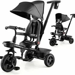 Budget 😉 BABY JOY Tricycle, 4 In 1 Toddler Bike W/ Removable Push Handle, Reversible Seat, Foldable Footrest, All-Terrain EVA Wheel, Adjustable Canopy, Ideal For Kids 12-60 Months, Tricycle For Toddler (Black) 🎉 -Kids' Tricycles Sales 41B1vOI2zwL. AC