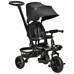 Promo 🔥 Qaba Baby Tricycle 4 In 1 Trike W/Reversible Angle Adjustable Seat Removable Handle Canopy Handrail Belt Storage Footrest Brake Clutch For 1-5 Years Old Black 👍