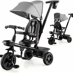 Budget 😉 BABY JOY Tricycle, 4 In 1 Toddler Bike W/ Removable Push Handle, Reversible Seat, Foldable Footrest, All-Terrain EVA Wheel, Adjustable Canopy, Ideal For Kids 12-60 Months, Tricycle For Toddler (Black) 🎉 -Kids' Tricycles Sales 41P2Ru6kPL. AC