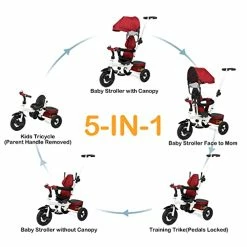 Outlet 🌟 Ktaxon 5 In 1 Toddler Tricycle Baby Trike, Tricycle For Toddlers Age 1-5, Kids Stroller Tricycle With Removable Canopy, Inflatable Wheel, 360-degree Rotatable Seat And Fast-Folding Design(Red) 🤩