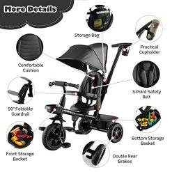 Budget 😉 BABY JOY Tricycle, 4 In 1 Toddler Bike W/ Removable Push Handle, Reversible Seat, Foldable Footrest, All-Terrain EVA Wheel, Adjustable Canopy, Ideal For Kids 12-60 Months, Tricycle For Toddler (Black) 🎉 -Kids' Tricycles Sales 51L0yNG39mL