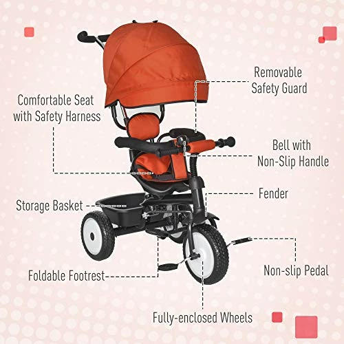 Cheap 🛒 Qaba Baby Tricycle 2 In 1 Trike With Adjustable Canopy Detachable Guardrail Belt For Age 6-60 Months, Red ✨ 7 Cheap 🛒 Qaba Baby Tricycle 2 In 1 Trike With Adjustable Canopy Detachable Guardrail Belt For Age 6-60 Months, Red ✨ - Image 7