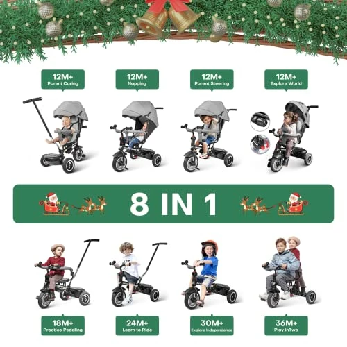 Promo ๐ Baby Tricycle 8 In 1,Trike For Toddlers Age 1-6,Tricycle With Push Handle For Kids, Boy Girl Outdoor Toy Bike, All Terrain Rubber Wheel, Reversible Seat(Gray) ๐ฅฐ 2 Promo ๐ Baby Tricycle 8 In 1,Trike For Toddlers Age 1-6,Tricycle With Push Handle For Kids, Boy Girl Outdoor Toy Bike, All Terrain Rubber Wheel, Reversible Seat(Gray) ๐ฅฐ - Image 2